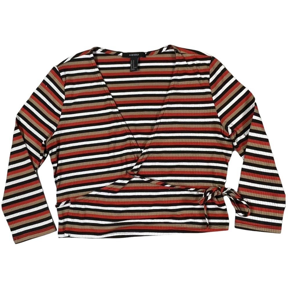 Forever21 size medium crop top tie front cardigan red, white, black, tan stripes